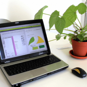 Un ordinateur portable qui affiche des diagrammes. L'ordinateur est sur un bureau avec des plantes et une chaise de bureau.